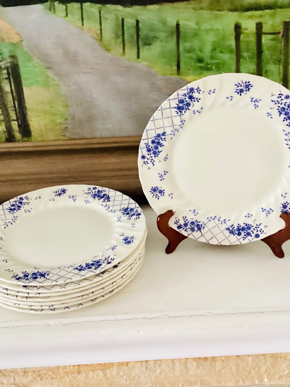 Lot Of 8 MYOTT MEAKIN 10” Dinner Plates LATTICE Blue Staffordshire England 1982